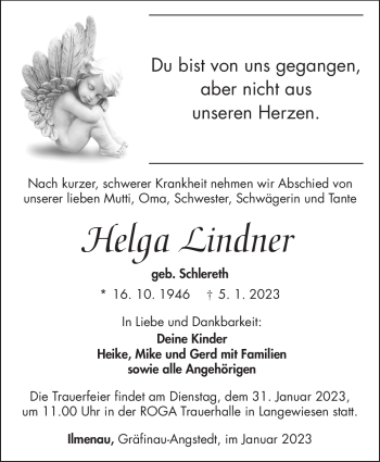 Traueranzeige von Helga Lindner von Südthüringer Presse