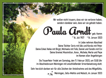 Traueranzeige von Paula Arndt von Südthüringer Presse