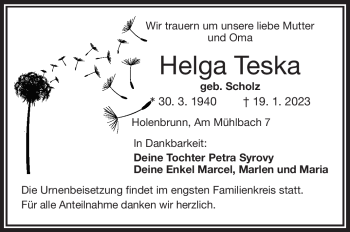 Traueranzeige von Helga Teska von Frankenpost