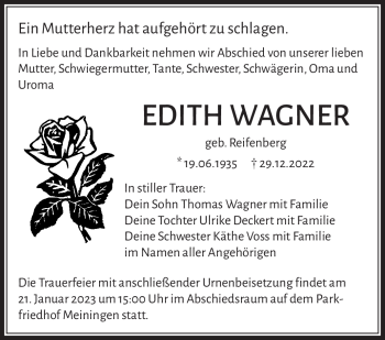 Traueranzeige von Edith Wagner von Südthüringer Presse