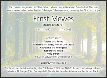 Traueranzeige von Ernst Mewes von Neue Presse Coburg