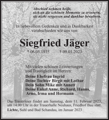 Traueranzeige von Siegfried Jäger von Südthüringer Presse