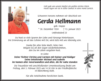 Traueranzeige von Gerda Hellmann von Frankenpost