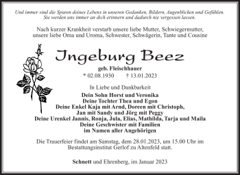 Traueranzeige von Ingeburg Beez von Südthüringer Presse