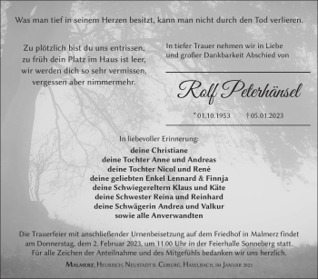Traueranzeige von Rolf Peterhänsel von Südthüringer Presse