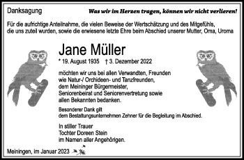 Traueranzeige von Jane Müller von Südthüringer Presse