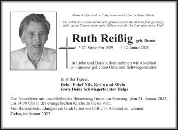 Traueranzeige von Ruth Reißig von Südthüringer Presse