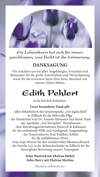 Traueranzeige von Edith Pehlert von Südthüringer Presse