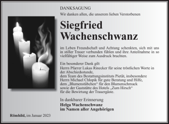 Traueranzeige von Siegfried Wachenschwanz von Südthüringer Presse
