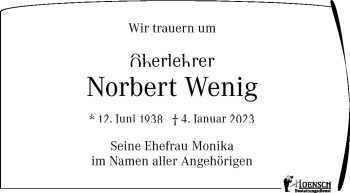 Traueranzeige von Norbert Wenig von Südthüringer Presse