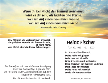 Traueranzeige von Heinz Fischer von Frankenpost