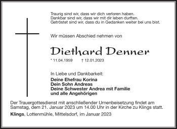 Traueranzeige von Diethard Denner von Südthüringer Presse