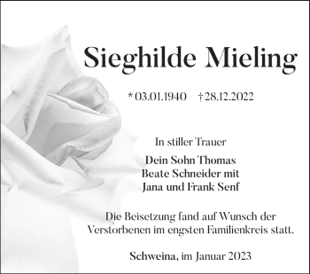 Traueranzeige von Sieghilde Mieling von Südthüringer Presse
