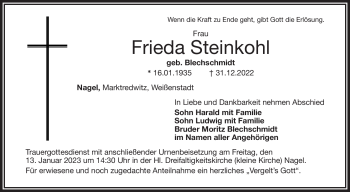 Traueranzeige von Frieda Steinkohl von Frankenpost