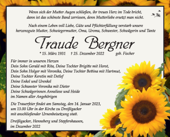 Traueranzeige von Traude Bergner von Südthüringer Presse
