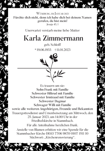 Traueranzeige von Karla ZImmermann von Frankenpost