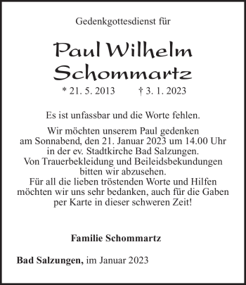 Traueranzeige von Paul Wilhelm Schmmartz von Südthüringer Presse