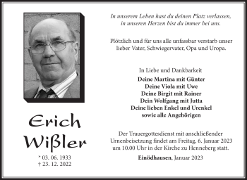 Traueranzeige von Erich Wißler von Südthüringer Presse