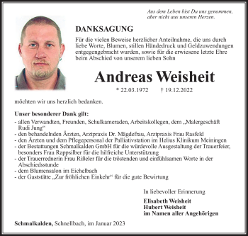 Traueranzeige von Andreas Weisheit von Südthüringer Presse