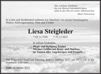 Traueranzeige von Liesa Steigleder von Südthüringer Presse