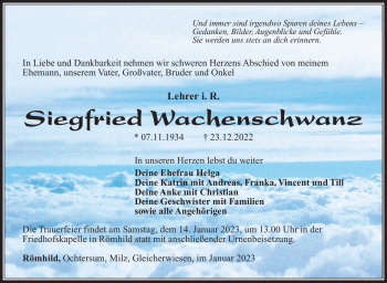 Traueranzeige von Siegfried Wachenschwanz von Südthüringer Presse