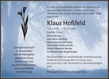 Traueranzeige von Klaus Hoßfeld von Südthüringer Presse