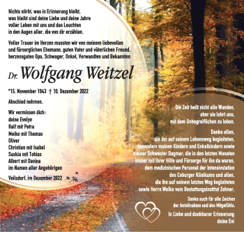 Traueranzeige von Wolfgang Weitzel von Südthüringer Presse
