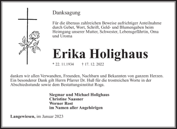 Traueranzeige von Erika Holighaus von Südthüringer Presse
