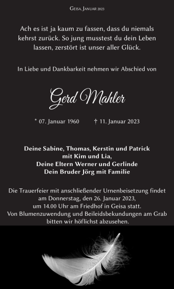 Traueranzeige von Gerd Mahler von Südthüringer Presse