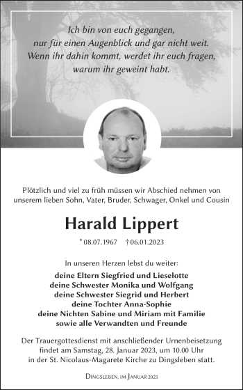 Traueranzeige von Harald Lippert von Südthüringer Presse