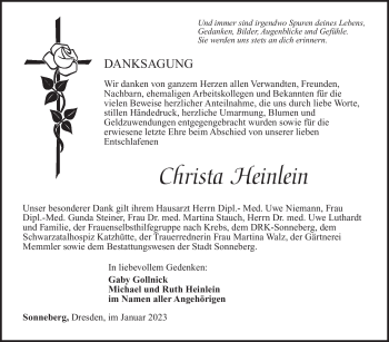 Traueranzeige von Christa Heinlein von Südthüringer Presse