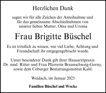 Traueranzeige von Brigitte Büschel von Neue Presse Coburg