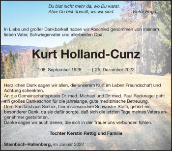 Traueranzeige von Kurt Holland-Cunz von Südthüringer Presse