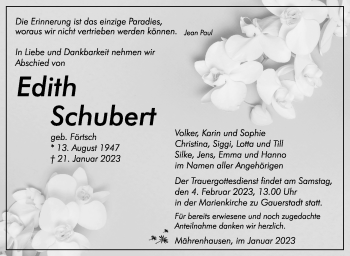 Traueranzeige von Edith Schubert von Südthüringer Presse