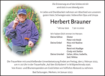 Traueranzeige von Herbert Brauner von Südthüringer Presse