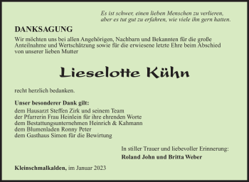 Traueranzeige von Lieselotte Kühn von Südthüringer Presse
