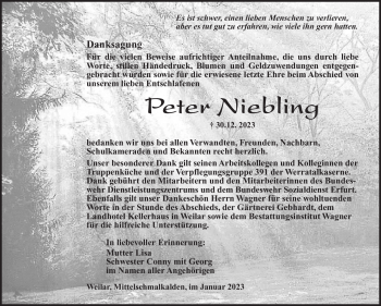Traueranzeige von Peter Niebling von Südthüringer Presse