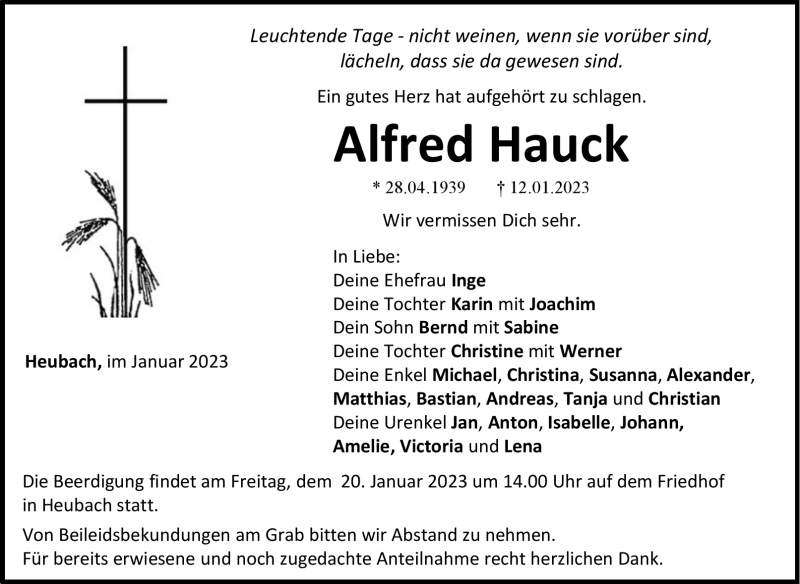  Traueranzeige für Alfred Hauck vom 18.01.2023 aus Neue Presse Coburg