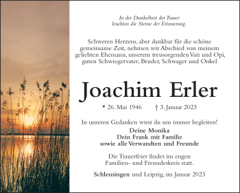Traueranzeige von Joachim Erler von Südthüringer Presse