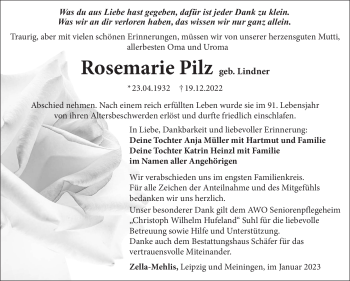 Traueranzeige von Rosemarie Pilz von Südthüringer Presse
