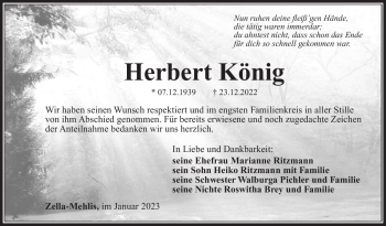 Traueranzeige von Herbert König von Südthüringer Presse