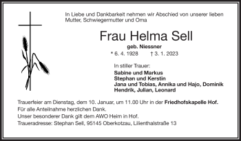 Traueranzeige von Helma Sell von Frankenpost