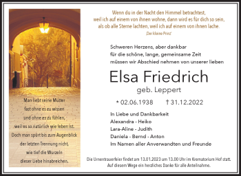 Traueranzeige von Elsa Friedrich von Frankenpost
