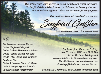 Traueranzeige von Siegfried Geißler von Südthüringer Presse