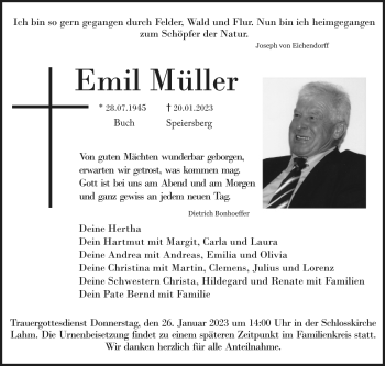 Traueranzeige von Emil Müller von Neue Presse Coburg