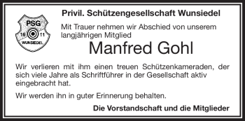 Traueranzeige von Manfred Gohl von Frankenpost