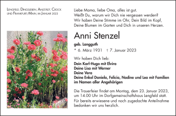 Traueranzeige von Anni Stenzel von Südthüringer Presse