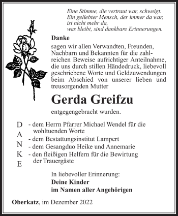 Traueranzeige von Gerda Greifzu von Südthüringer Presse