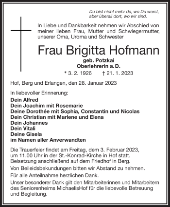 Traueranzeige von Brigitta Hofmann von Frankenpost
