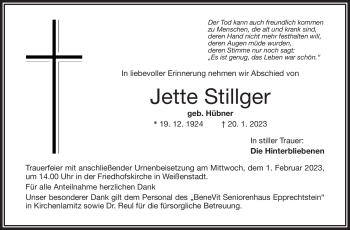 Traueranzeige von Jette Stillger von Frankenpost